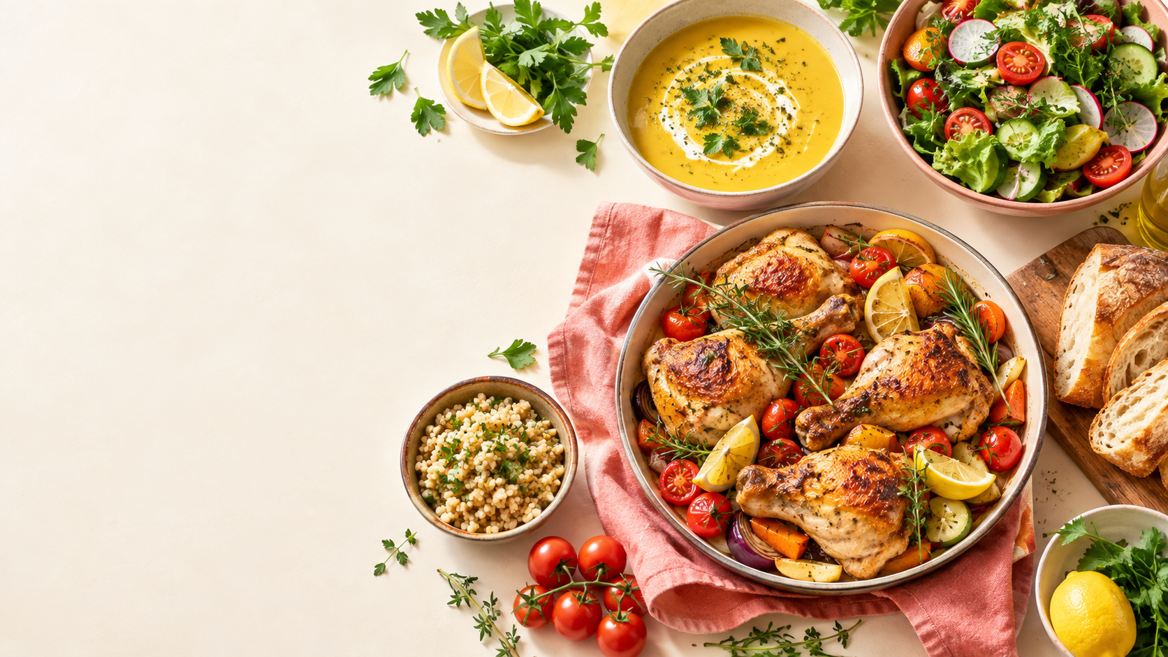 Запечённая курица, суп и свежий салат